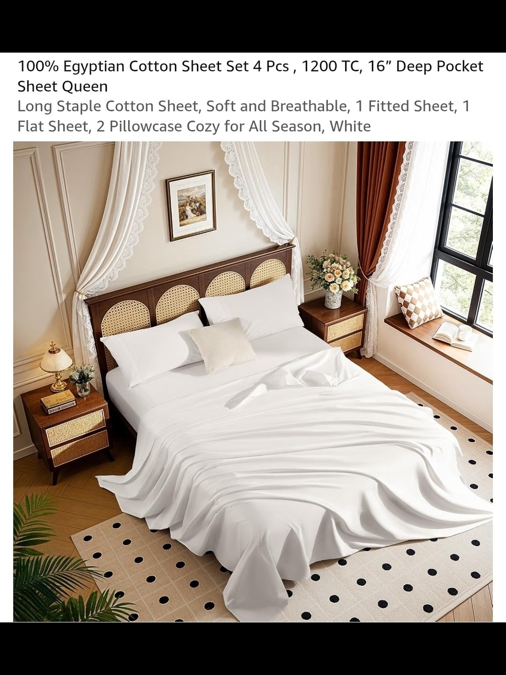 Soft White Egyptian Cotton Sheet Set — Breathable 4-Piece Bedding